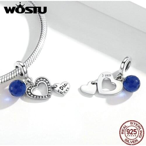 WOSTU New Arrival 925 Sterling Silver Heart Birthstone Charms Blue Enamel Beads Pendant Fit Women Bracelet Jewelry DXC1721