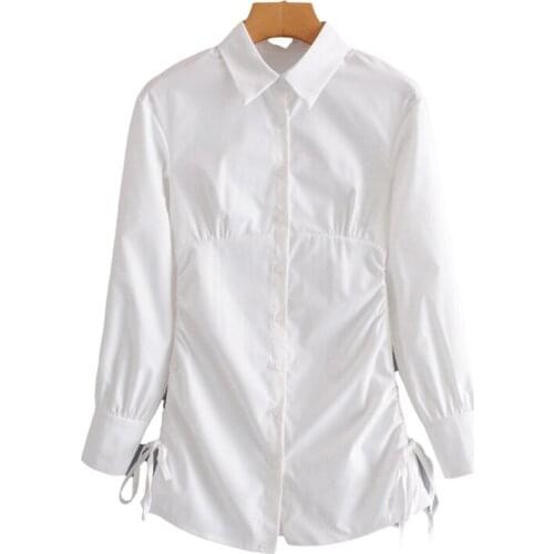 Autumn New Womens French Lapel Single Breasted Two Side Drawstring Fashion Long Sleeve White Shirt