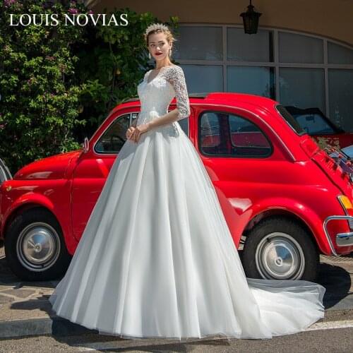 Louis Novias A-Line Beach Lace Wedding Dress High Low Illusion V-Neck Wedding Gowns Dress For Wedding Party Vestido De Noiva