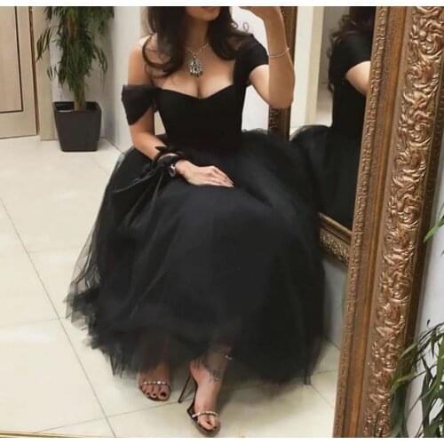 Vintage Off Shoulder Long Tulle Evening Dresses Floor Length Lace Up Black Formal Party Dress for Women
