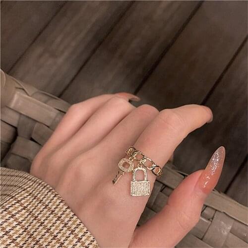 2021 New Arrival 14K Real Plated Lock Key Adjustable Rings For Women Zircon Wedding Rings