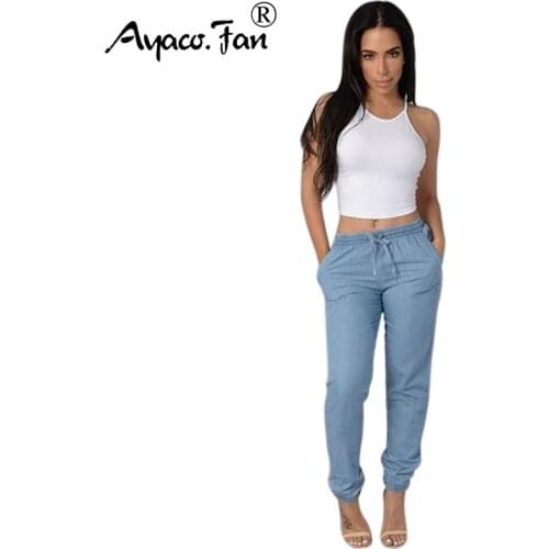 Plus Size Women Solid Drawstring Elastic Waist Jeans Harem Pants Ladies Casual Middle Waist Denim Trousers Long Pencil Pants New