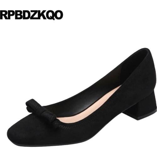 Black 2019 designer pumps pink low heels square toe size 4 34 nude suede slip on block shoes for women thick fashion bow chunky