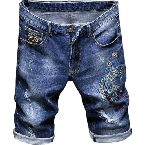 New Mens male fashion casual carp fish embroidered blue denim shorts Summer slim straight holes ripped jeans