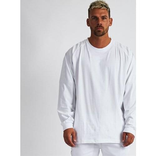 Mens Loose Oversized Fit Long Sleeve T-shirt Dropped Shoulder Retro Fitness T Shirt Autumn Gym Clothing Bodybuilding Tops Tees