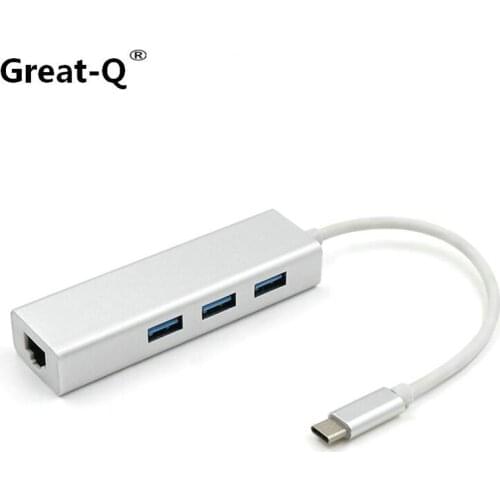 Great-Q Aluminum USB 3.1 Type C to 3Port USB 3.0 Hub with RJ45 10/100/1000 Gigabit Ethernet Network Adapter LAN Converter Cable