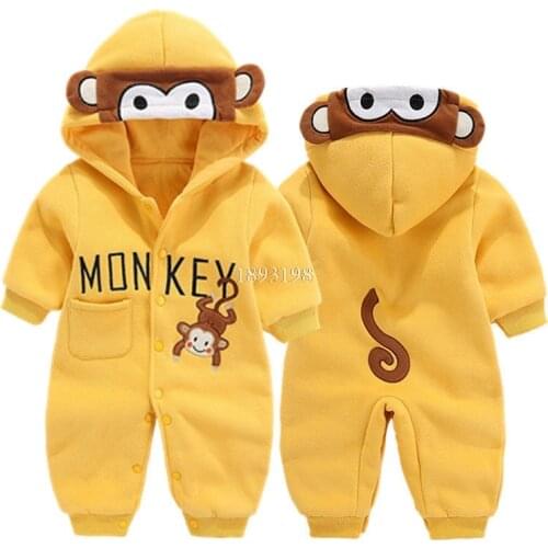 Baby Thick Autumn Winter Romper Newborn Boys Girls Cute Monkey Hooded Jumpsuits Infants Climbing Clothes