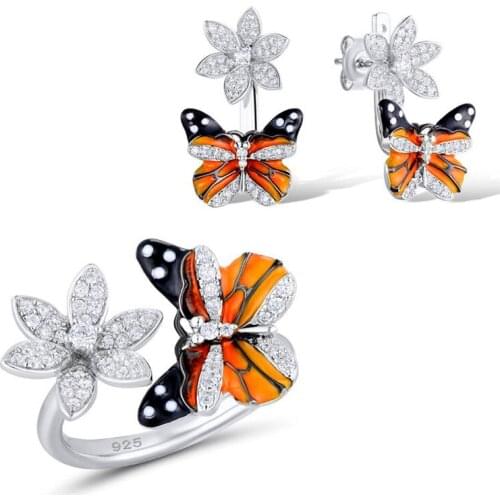 Trendy Female Zircon Flower Jewelry Set Charm Silver Color Wedding Stud Earrings For Women Cute Enamel Butterfly Engagement Ring