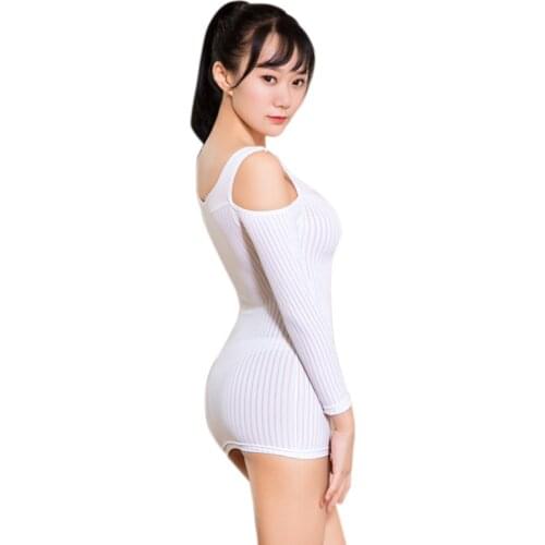 Fashion Sexy Women Sheer Opaque Vertical Stripes Stretch Bodycon Micro Mini Dress Long Sleeve Off Shoulder Night Club Party Wear