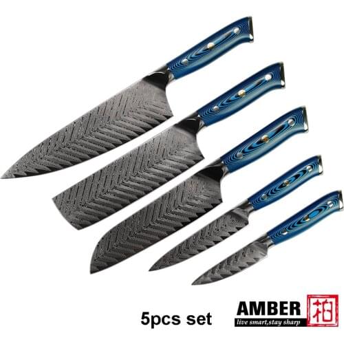 Amber 73 Layers Damascus Steel Kitchen Knife Set Japan Professional Chef Cleaver Bread Santoku Steak Paring Knife For cooking