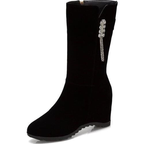 2020 New Rhinestone Beaded Wedge Heel Mid-Tube Boots Inner Side Zipper Round Toe Fashion Boots For Women