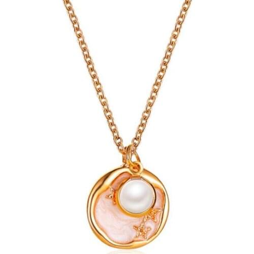 Sweet Starry Star Sky Pendant Necklaces for Women Female Simple Geometric Round Disc Simulated Pearl Clavicle Chain Necklace