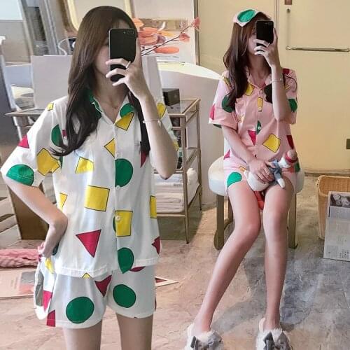 Hot Selling Short Sleeve Shorts Crayon Pajamas Womens Summer Cotton Cardigan Tracksuit GIRLS Cute Cartoon Set