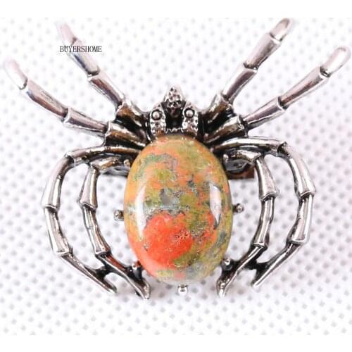 40x33MM Spider Brooch Natural Stone Unakite Epidote Bead Pendant For Men Women Jewelry Gift 1Pcs K707