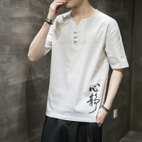 Summer Men Linen Shirt Chinese Style Retro Casual V-Neck Tops Plus Size Print Traditional Asian Tang Suit Tops For Man 10878