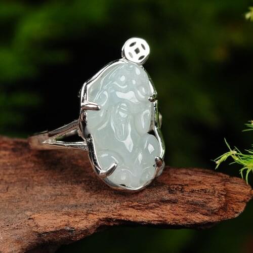 925 silver inlaid natural A cargo emerald brave rings Myanmar jade stone fortune jade brave men and women models silver