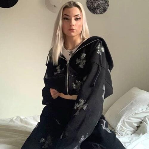 Rhinestone Goth Streetwear Long Sleeve Cross Graphics Zip Hoodie Y2k Hip Hop Sweatshirt Korean Fashion Punk Sport Pullover Coat