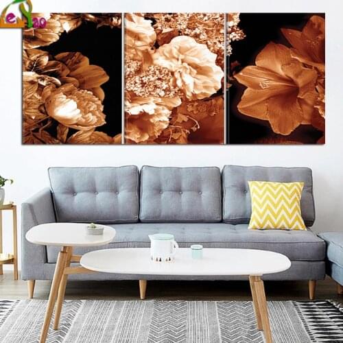 Light Tan Flower Peony Triptych Diamond Painting 5D Rhinestone Art Diamond Embroidery Cross Stitch Handwork Hobby Home Decor