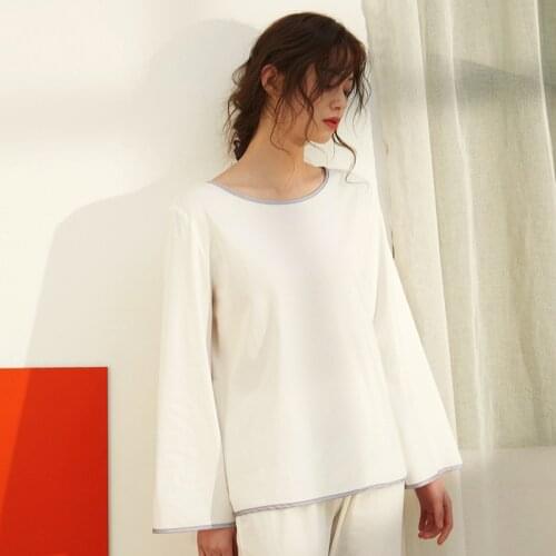 Spring Women Round Neck Pajama Set Long Sleeve Wide Leg Trousers Two-piece Pajamas Round Neck White Sleepwear Household Clothes