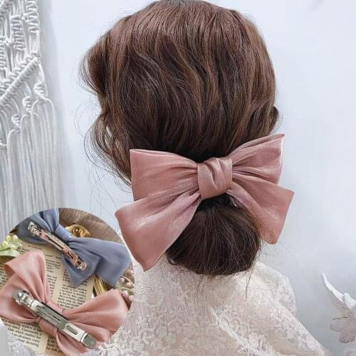 Vintage Bright Silk Barrette Bow Hair Ribbon Hairpin for Women Girls Long Hair Clips Hair Tie Headwear Female Hair Accessories