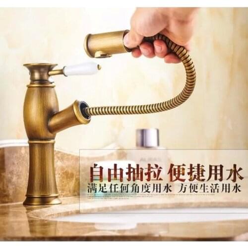 Free shipping Pull out antique bathroom basin faucet with single lever solid brass bathroom hot cold water faucet