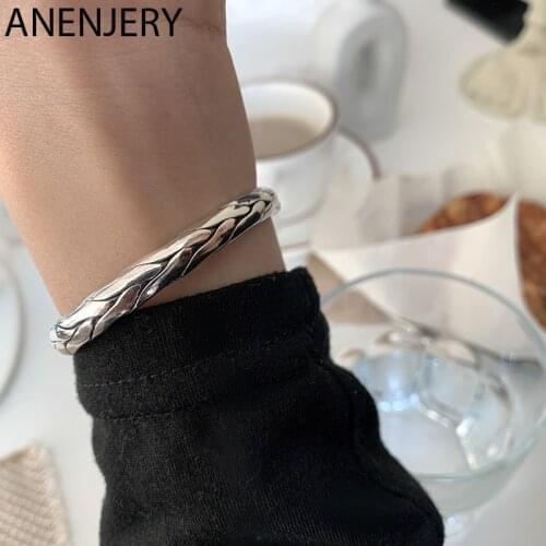 ANENJERY 925 Sterling Silver Twist Bangles for Women Men Handmade Open Cuff Thai Silver Bangles Jewelry S-B489