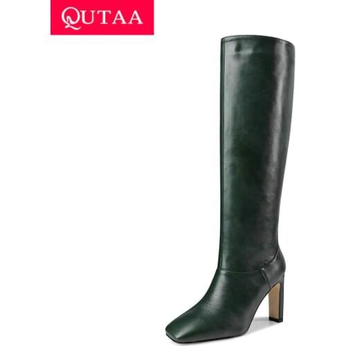 QUTAA 2021 Retro Square Toe PU Slip on Women Shoes Autumn Winter Keep Warm Square High Heel Fashion Knee High Boots Size 34-43