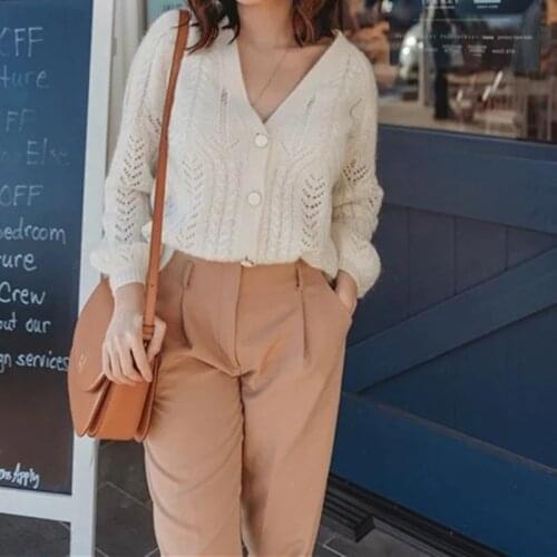 Women Mohair Sweater Solid Color Hollow out Knit Cardigan V-neck Four Color Long Sleeve Casual Outwear Spring