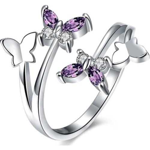 Copper material Butterfly flying zircon rings silver and rose gold color resizable ring for women