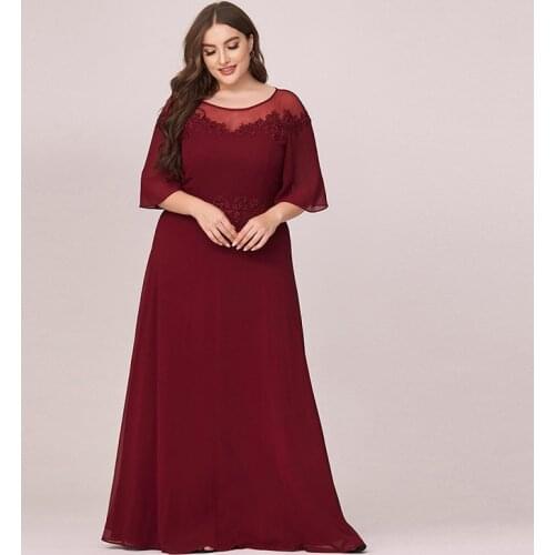 New Empire Embroidery Lace O-Neck Evening Dress Half Sleeves Pleat Simple A-Line Floor-Length Plus Size Women Formal Gowns D1010