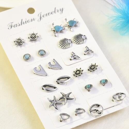 12 Pairs Mix Cute New Fashion Earrings Sea Turtle Mermaid Tail Rudder Ear Stud Earrings Set for Women Girls Gifts
