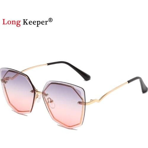 2021 Fashion Purple Pink Sunglasses Women Ocean Lens Cutting Glasses Metal Curved Legs Sun Glasses Female UV400 Rimless Oculos