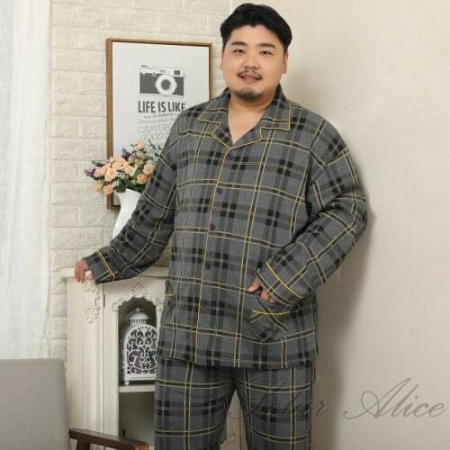 Free shipping 2020 mens autumn and winter pure cotton long-sleeved trousers pajamas set lapel plus fat plus size home service