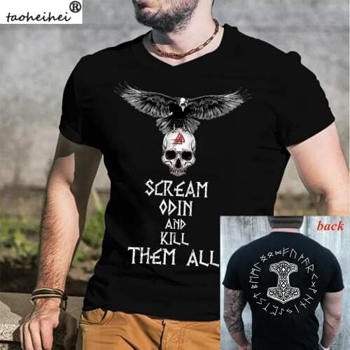 Foshion Viking Mjolnir ond Norse Rune Wheel Vikings T-Shirt Wikinger Tee