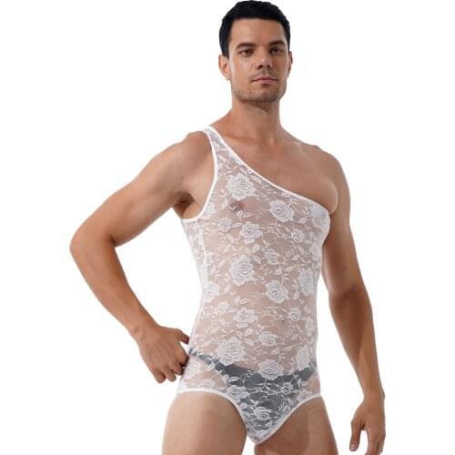 Men Sleepwear Underwear Pattern Sheer Exotic Sexy Lace Bodysuit O Neck Sleeveless Leotard See-Through Skinny Jumpsuits Nightwear
