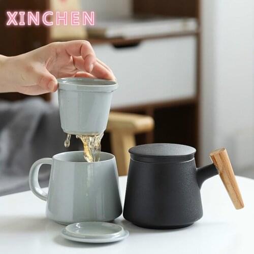 Creative Ceramics Tea Infuser Mugs Cup With Lid Cover Filter Wooden Handle For Milk Coffee Juice Tumbler Customizable Decor