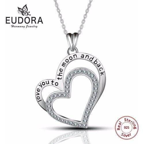 Eudora Genuine 925 Sterling Silver Elegant Double Hearts Luxury Crystal Pendant Necklace for Women Ladies Sweet Gift Jewelry