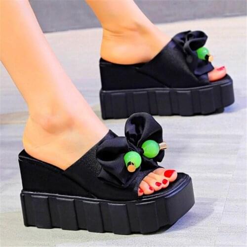 Slippers Gladiators Women Sandals Satin Fabric Platform Wedge High Heels Bow Beads Open Toe Party Shoes Pumps