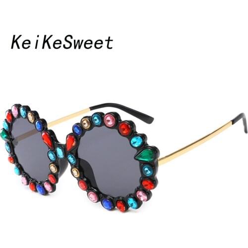 KeiKeSweet New Luxury Rhinestone Round Sunglasses Women Summer Rays Mirror Diamond Vintage Brand Designer Crystal Sun Glasses