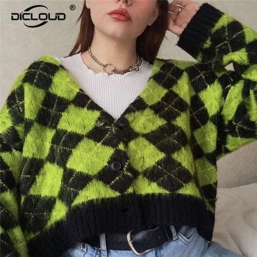 Ins Street Cool Girls Green Plaid Cardigan Coat Women Oversized Fluffy Knitted Cardigans Autumn Winter Harajuku Crop Knitwear