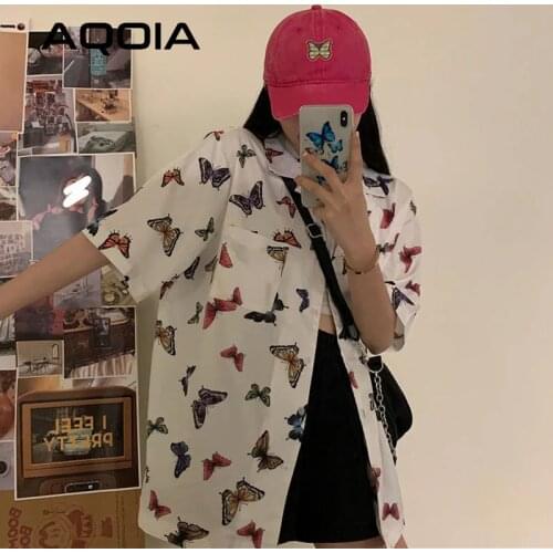 Chic Vitage Short Sleeve Loose Women Blouse Shirt Y2K Butterfly Printing Button Up Pockets Womens Shirts 2020 Summer Ins Blouses