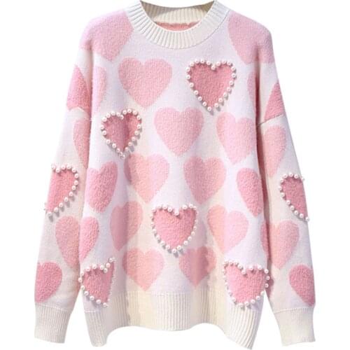 Autumn New Women Knitted Sweater And Pullovers O Neck Pearls Beading Sweaters Sweet Heart Jumpers Long Sleeve Kawaii Femme