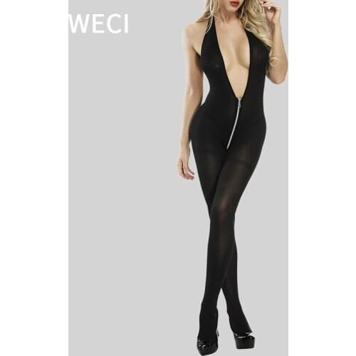 WECI Womens Black Zip Bodysuit Transparent Tights Second Skin Full Body Stockings Erotica And Sex Open Pantyhose With Neckline