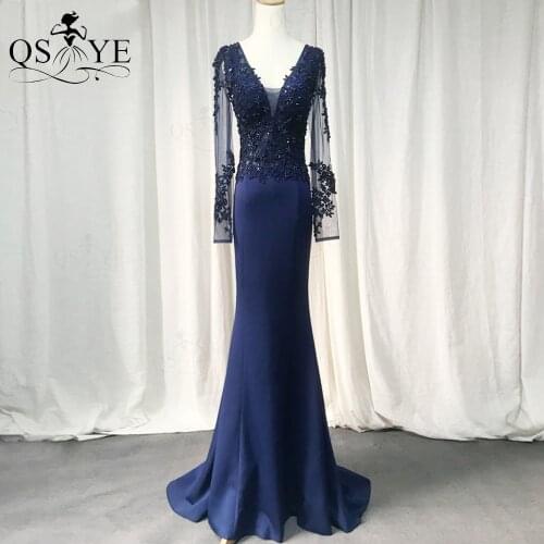 Navy Prom Dresses 2021 Elastic Mermaid Long Dress Women Appliques Lace Formal Party Gown Long Sleeves V Neck Evening Dress Bead