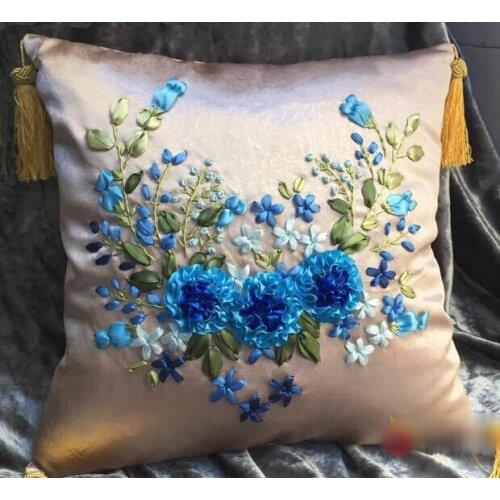 1pcs 40x40cm blue red flower Ribbon embroidery kit cushion pillow cover set handcraft DIY handmade needlework art home decor