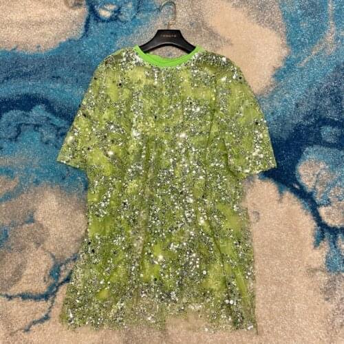 2020 Sequins Embroidered T Shirt Shiny Double-layer Mesh Loose Short-sleeved T-shirt Female