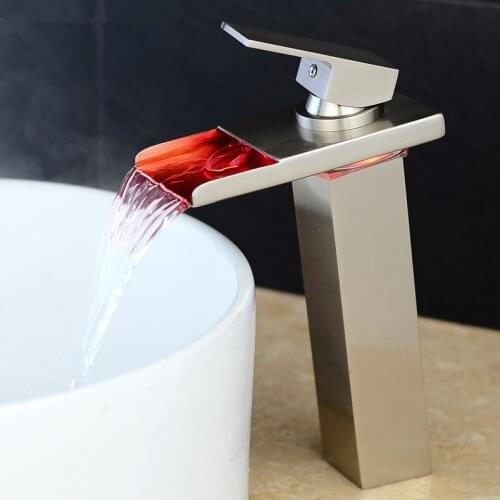 Free shipping brushed nickel Color Bathroom LED Tall Faucet Vessel Waterfall One Handle / hole deck mounted