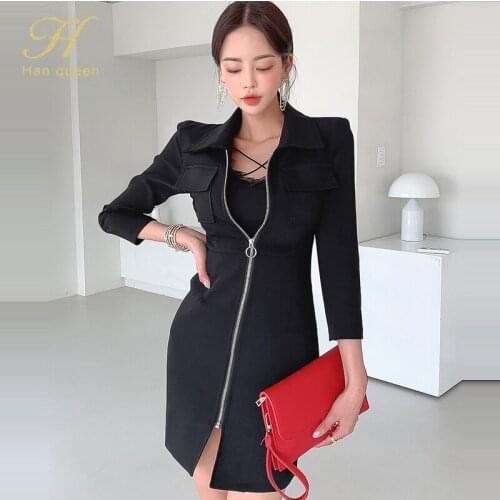 H Han Queen Elegant Autumn Office Pencil Dress Women Korean Slim Zipper Black Sheath Dresses Casual Work Bodycon Vestidos 2021