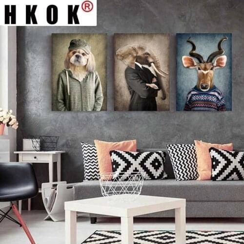 HKOK Canvas Painting Animal In Cloth Retro Style Wall Art Lion Wears A Suit Poster Wolf Elephant Print Picture Living Room Decor