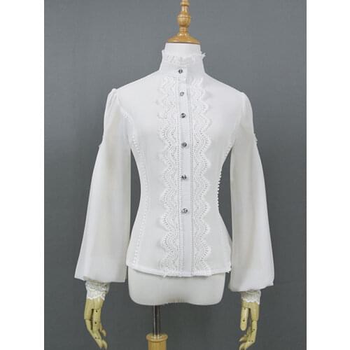 Classic Lolita Shirt Collared Puff Sleeve White Chiffon Lace Top